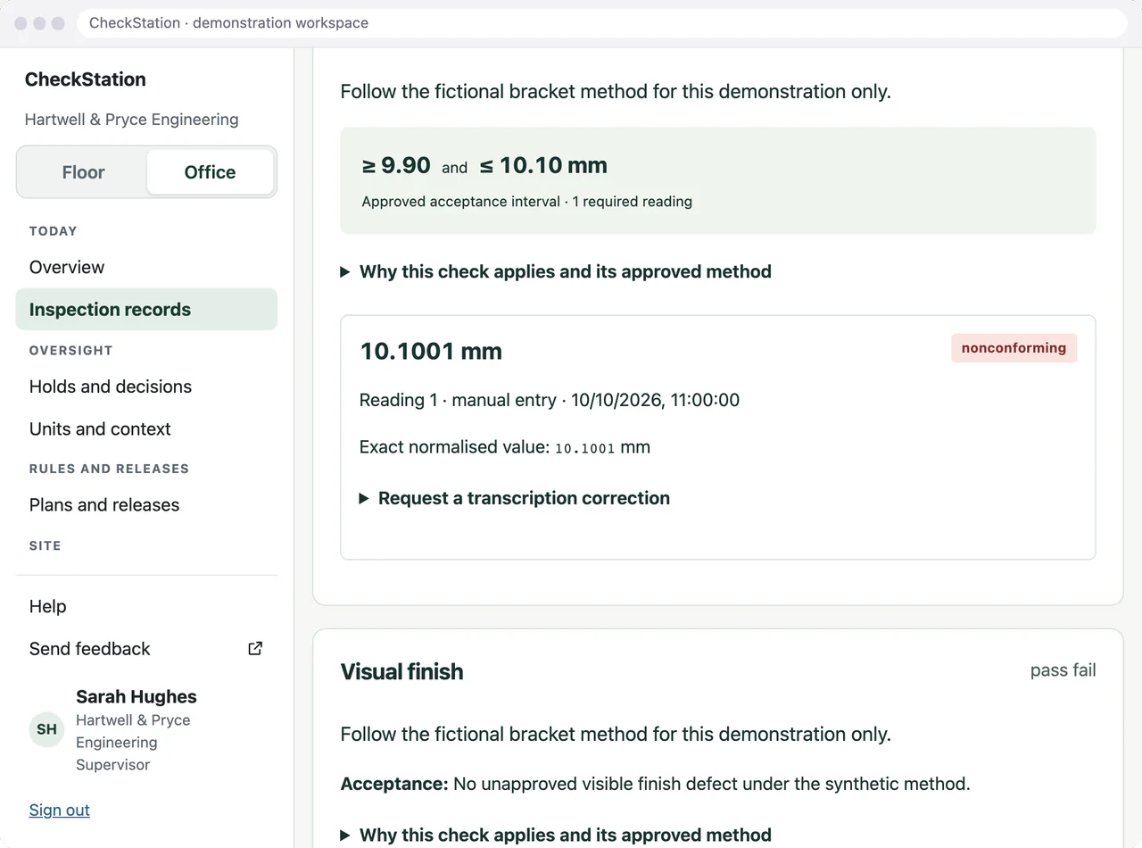 CheckStation inspection record in the office browser showing the approved interval of 9.90 to 10.10 mm and the retained 10.1001 mm reading marked nonconforming