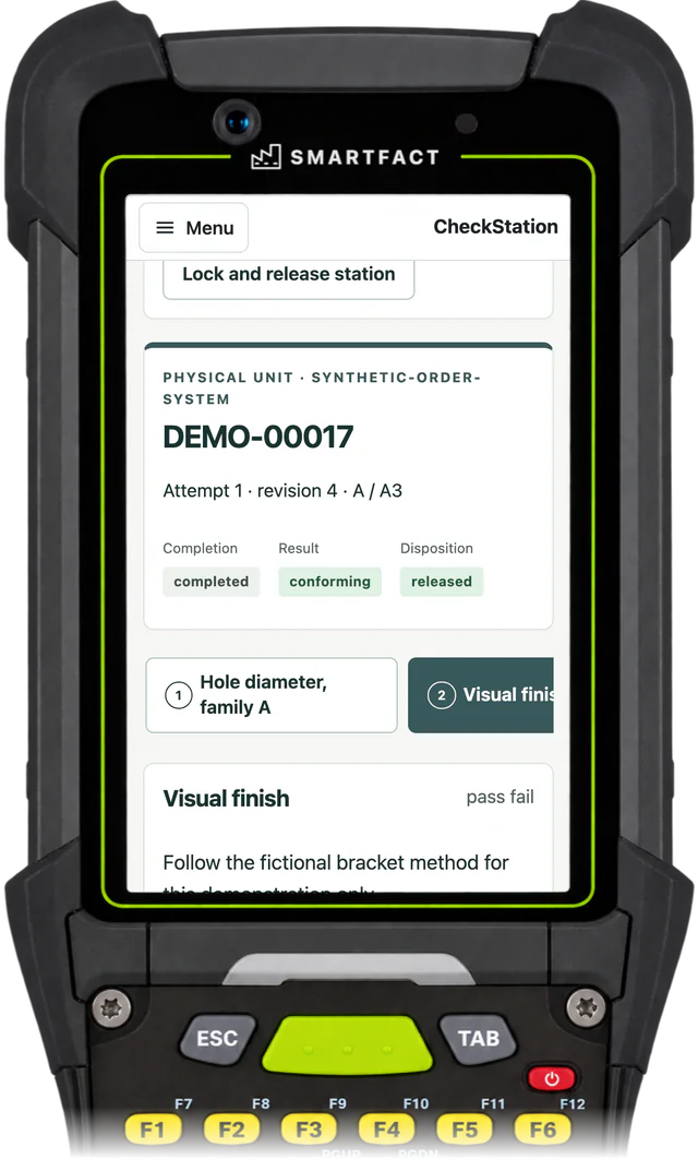 CheckStation inspection station showing unit DEMO-00017 completed, with a conforming result and a released disposition