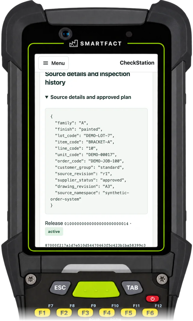 CheckStation record showing the unit's saved source details, including family, finish, customer group, supplier status and drawing revision