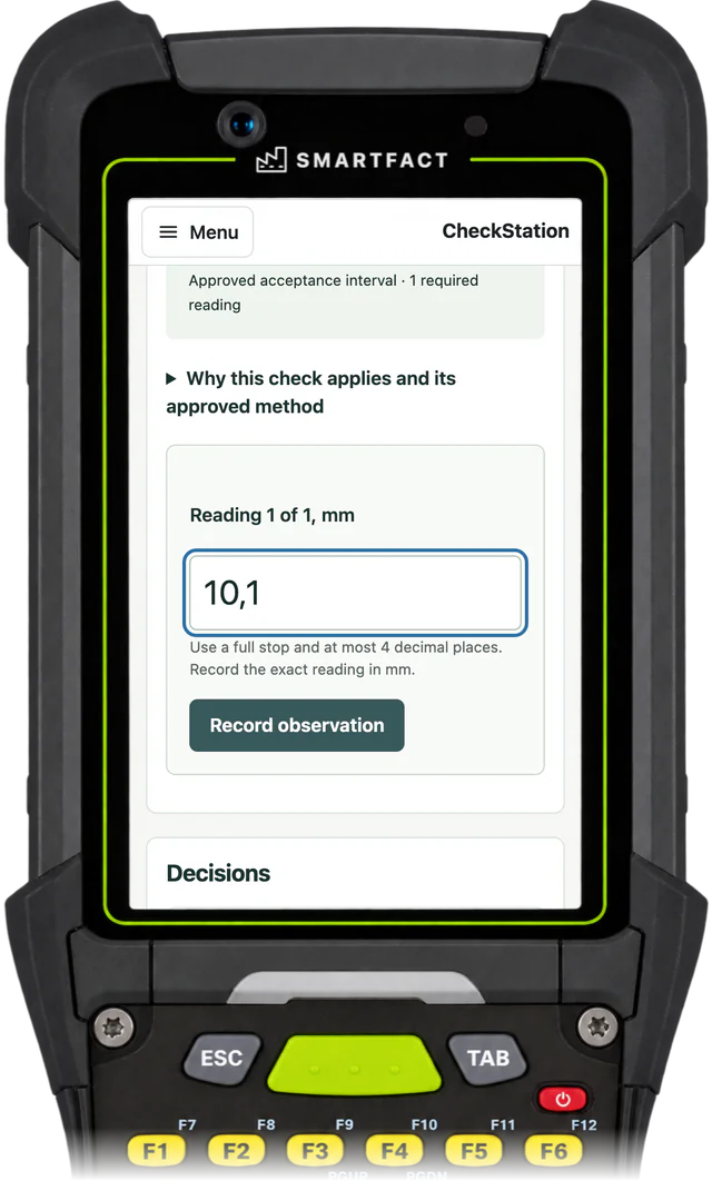 CheckStation station with 10,1 typed for Reading 1 of 1, mm, under the hint to use a full stop and at most 4 decimal places