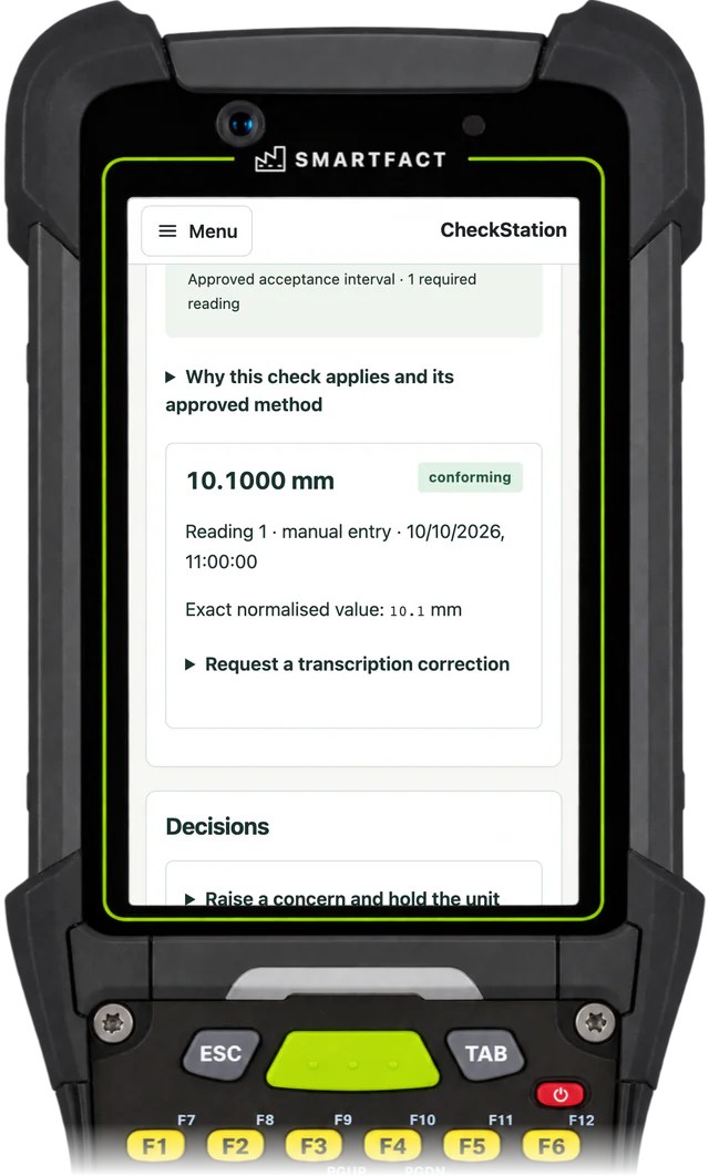 CheckStation station showing a recorded reading of 10.1000 mm marked conforming, with its exact normalised value
