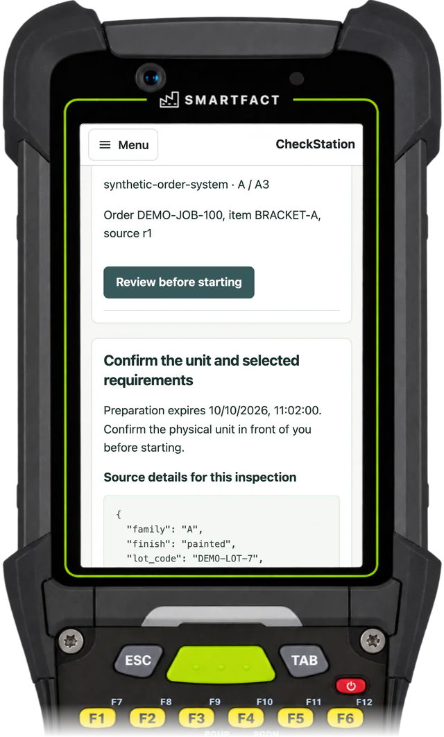 CheckStation station asking the inspector to confirm the unit and its selected requirements, with the unit's source details below