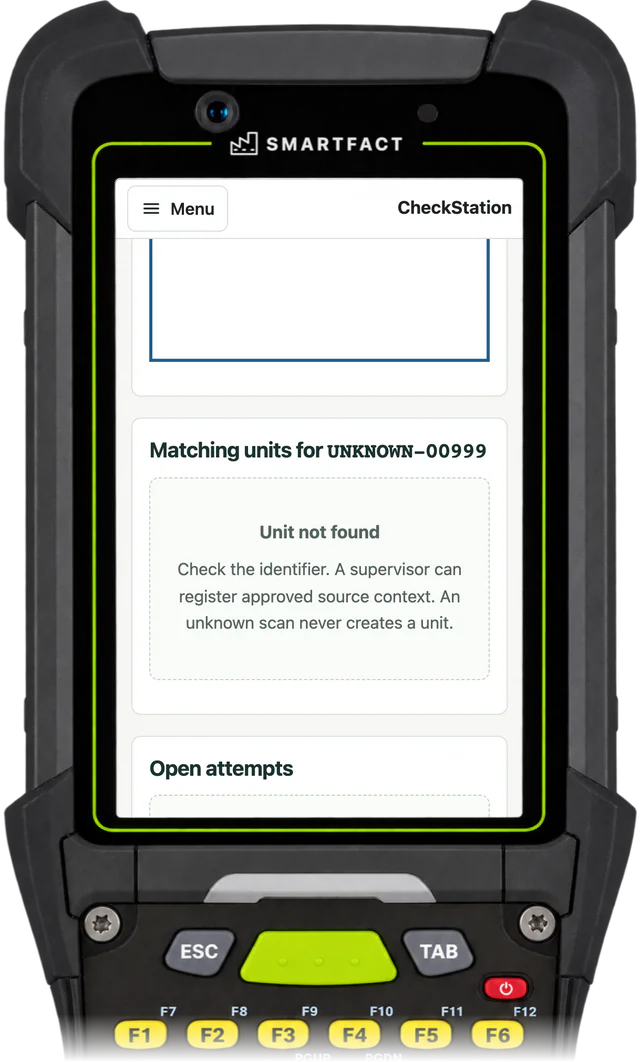 CheckStation station showing Unit not found for the scanned code UNKNOWN-00999